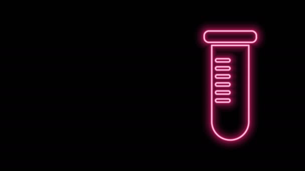 Zářící neonová šňůra Zkušební zkumavka nebo baňka - ikona chemické laboratorní zkoušky izolovaná na černém pozadí. Laboratorní, vědecká značka skla. Grafická animace pohybu videa 4K - Záběry, video
