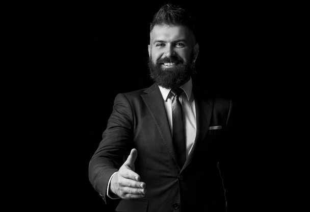Man suit fashion. Business confident. Businessman in dark grey suit. Man in classic suit, shirt and tie. - Foto, Bild