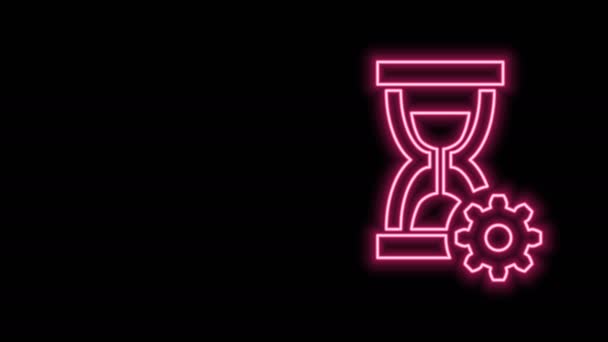 Glowing neon line Hourglass and gear icon isolated on black background. Time Management symbol. Clock and gear icon. Productivity symbol. 4K Video motion graphic animation - Footage, Video