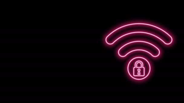 Glowing neon line Wifi locked sign icon isolated on black background. Password Wi-fi symbol. Wireless Network icon. Wifi zone. 4K Video motion graphic animation - Footage, Video