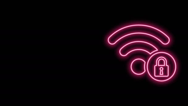 Zářící neonová čára Wifi uzamčena ikona znamení izolované na černém pozadí. Heslo Wi-fi symbol. Ikona bezdrátové sítě. Wifi zóna. Grafická animace pohybu videa 4K - Záběry, video