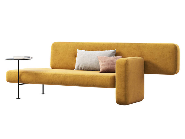 Μοντέρνο κίτρινο ύφασμα σπονδυλωτό καναπέ με μαξιλάρια και βιβλία. υφασμάτινος καναπές ταπετσαρίας με πλευρικό τραπέζι σε λευκό φόντο. Μοντέρνο, Loft, Σκανδιναβικό εσωτερικό. 3d απόδοση - Φωτογραφία, εικόνα