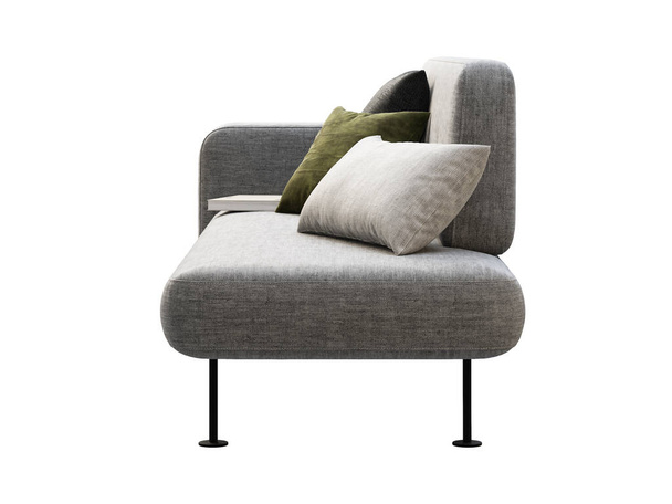 Μοντέρνος γκρι υφασμάτινος καναπές με μαξιλάρια και βιβλίο. υφασμάτινος καναπές ταπετσαρίας με διακόσμηση σε λευκό φόντο. Μοντέρνο, Loft, Σκανδιναβικό εσωτερικό. 3d απόδοση - Φωτογραφία, εικόνα