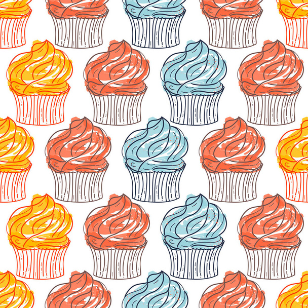 Cupcake. Seamless colorful vector cupcake pattern. Sketch, art illustration - Vektör, Görsel