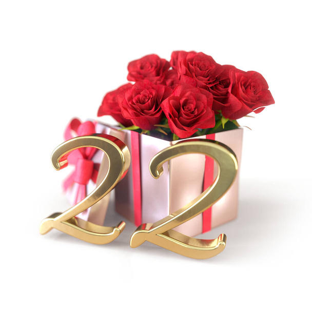 concepto de cumpleaños con rosas rojas en regalo aislado sobre fondo blanco. Veintidós. 22. Renderizado 3D - Foto, imagen