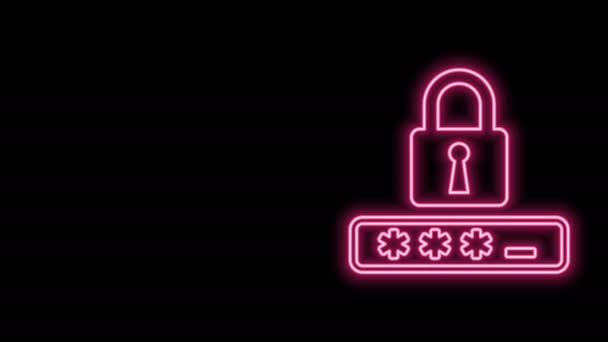 Világító neon vonal Jelszóvédelem és biztonsági hozzáférés ikon elszigetelt fekete alapon. Rögzítsd az ikont. Biztonság, biztonság, védelem, adatvédelem. 4K Videó mozgás grafikus animáció - Felvétel, videó