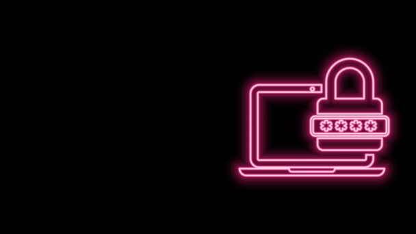 Gloeiende neon lijn Laptop met wachtwoord melding en slot pictogram geïsoleerd op zwarte achtergrond. Beveiliging, persoonlijke toegang, gebruikersautorisatie, inlogformulier. 4K Video motion grafische animatie - Video