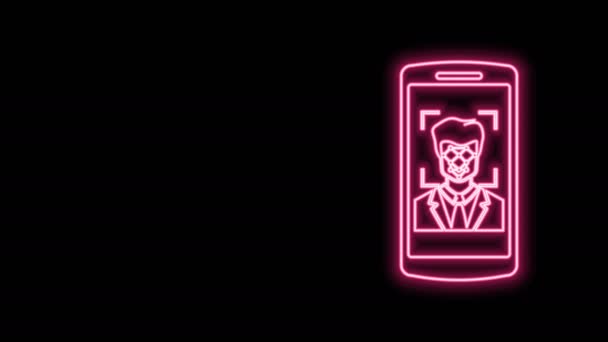 Gloeiende neon lijn Mobiele telefoon en gezichtsherkenning pictogram geïsoleerd op zwarte achtergrond. Gezicht identificatie scanner icoon. Gezichtsidentificatie. Cyberbeveiliging. 4K Video motion grafische animatie - Video