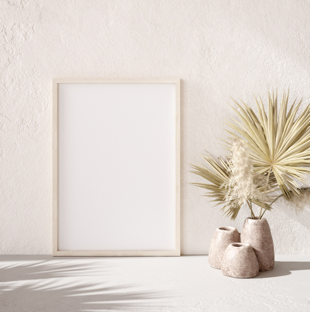 Mock up frame with palm branch in a pot close up, koczowniczy styl, 3d renderowanie - Zdjęcie, obraz
