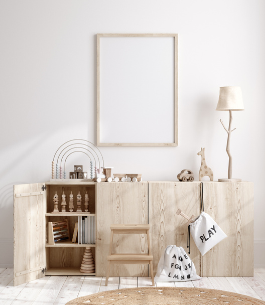 Mock up frame in kinderkamer met natuurlijke houten meubels, 3D render - Foto, afbeelding
