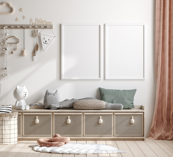 Simular el marco en la habitación de los niños con muebles de madera natural, 3D render - Foto, Imagen