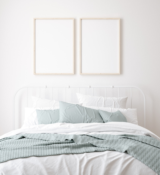 Cornice mockup in camera da letto sfondo interno, stile colonica, rendering 3d - Foto, immagini