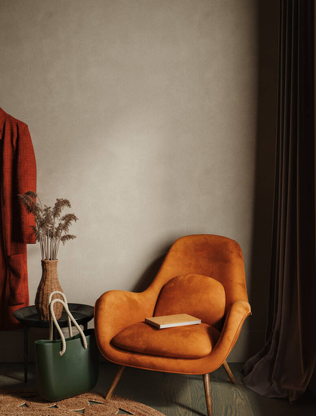 Εσωτερικό, μοντέρνο σκοτεινό σαλόνι με πορτοκαλί πολυθρόνα, 3d καθιστούν - Φωτογραφία, εικόνα