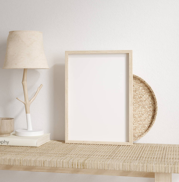 Simular el marco con una decoración mínima de cerca en el fondo interior del hogar, 3d render - Foto, Imagen