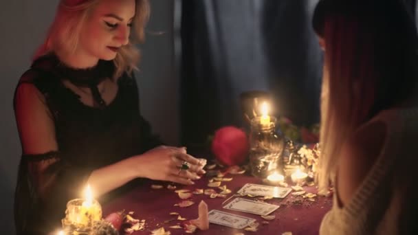 Sivukuva ennustaja nainen käyttää taro kortteja ennustaa tulevaisuutta hänen nuori naispuolinen asiakas - Materiaali, video