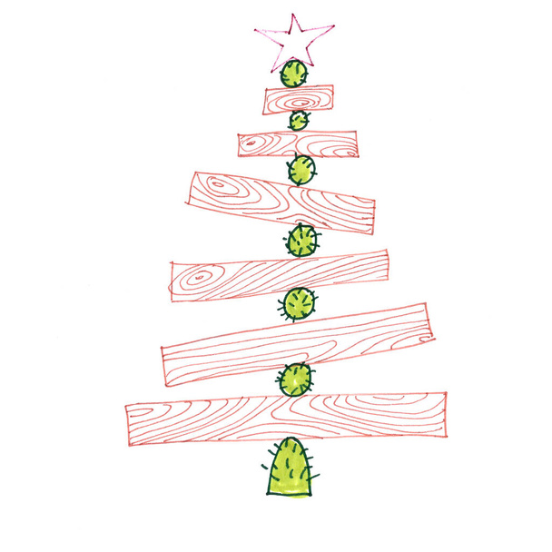 albero di Natale ecologico fatto di assi di legno, disegno grafico lineare su sfondo bianco. Illustrazione di alta qualità - Foto, immagini