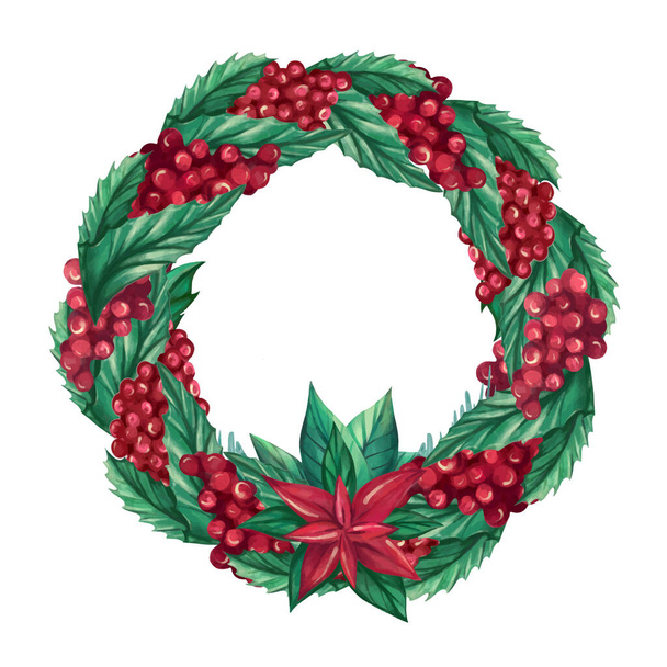 Corona de Navidad redonda decorativa hecha de bayas de arándano, hojas de acebo, ramitas, flores de Poinsettia - Vector, imagen