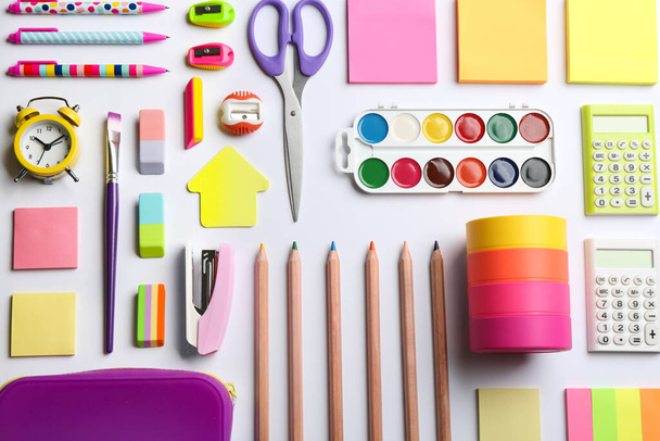 School stationery on white background, flat lay. Back to school - Foto, immagini