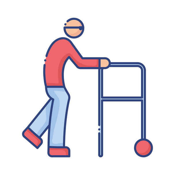 vanha mies käyttäen kävelijä vammaisten tasainen tyyli kuvake - Vektori, kuva