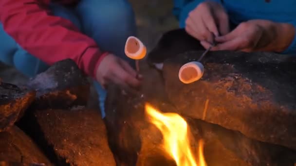 Mann und Frau braten köstliche Marshmallows am Lagerfeuer - Filmmaterial, Video