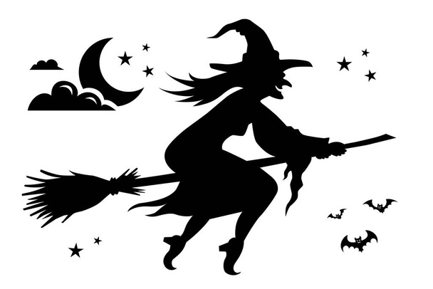 Хэллоуин. Чёрный силуэт ведьмы, летящей на метле - Вектор,изображение