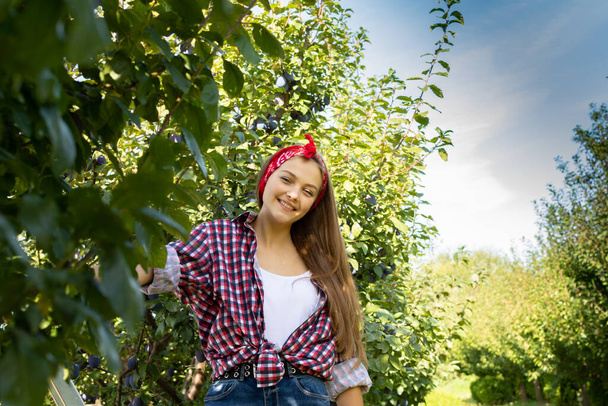 portrait of a teen girl in the garden with plum trees - Φωτογραφία, εικόνα