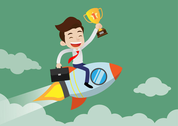 Счастливый молодой бизнесмен, летящий на ракете и обладающий золотым трофеем успеха, Концепция Business Up, Плоский дизайн - Вектор,изображение