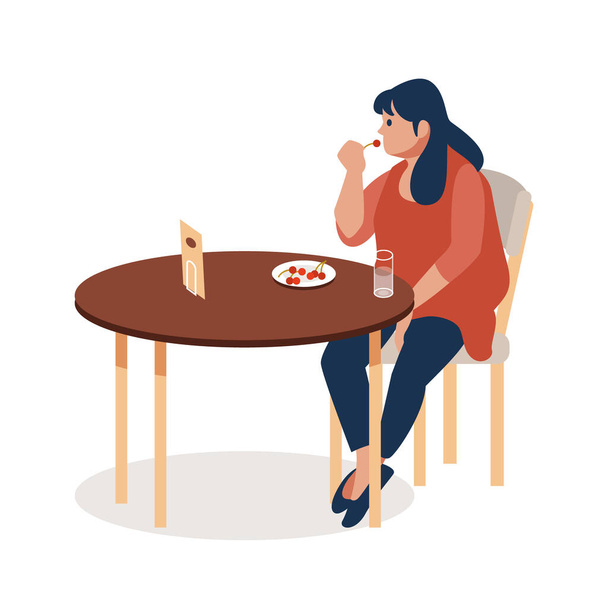 La donna a mangiare le bacche a tavola isolata su sfondo bianco. Illustrazione vettoriale stile fumetto piatto - Vettoriali, immagini