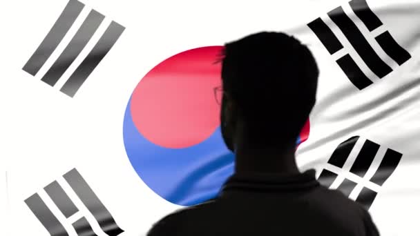 Dumny pozdrawiający mężczyzna na tle flagi Korei Południowej - Materiał filmowy, wideo
