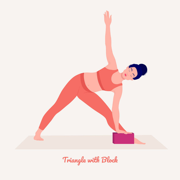 Triángulo con bloque. Mujer joven practicando Yoga pose. Entrenamiento femenino fitness, aeróbico y ejercicios. Ilustración vectorial. - Vector, Imagen