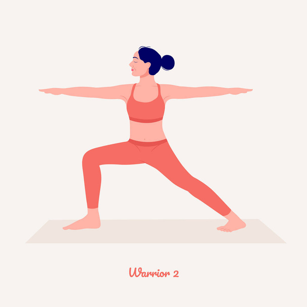 Guerrero II. Mujer joven practicando Yoga pose. Entrenamiento femenino fitness, aeróbico y ejercicios. Ilustración vectorial. - Vector, Imagen