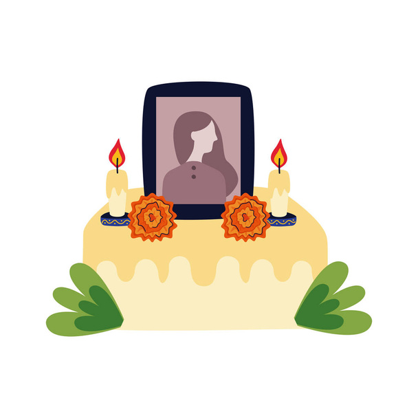 Мексиканский алтарь дня мертвых с изображением женщины в плоском стиле - Вектор,изображение