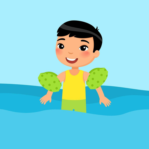 Pieni aasialainen poika uinti puhallettavat hihat tasainen vektori kuva. Kaunis lapsi pitää hauskaa vedessä. Iloinen lapsi uimapuku nauttia kesäaktiviteeteista väri sarjakuvahahmo - Vektori, kuva