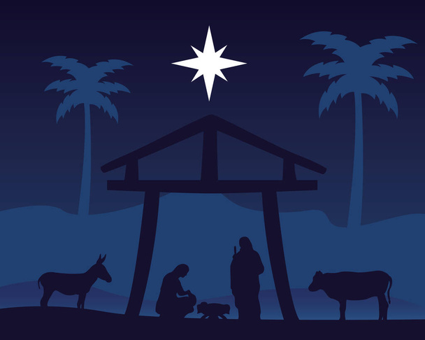 feliz feliz feliz Navidad pesebre escena con sagrada familia en establo y animales noche - Vector, imagen