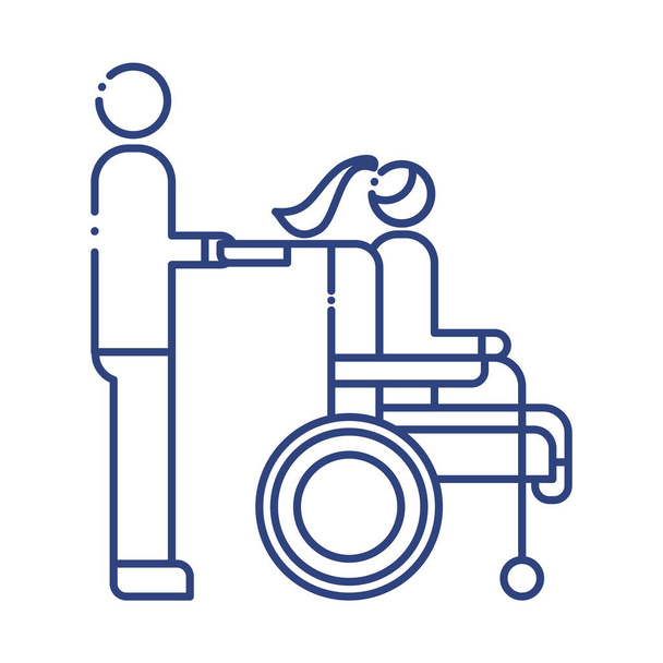 aide avec femme en fauteuil roulant icône de style ligne handicapés - Vecteur, image