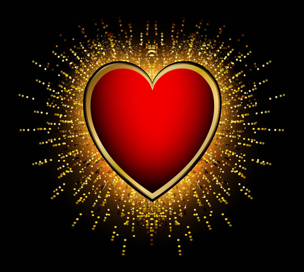 Golden sparkling heart shape with glitter isolated on black background. Vector romantic gold frame. - Vektör, Görsel
