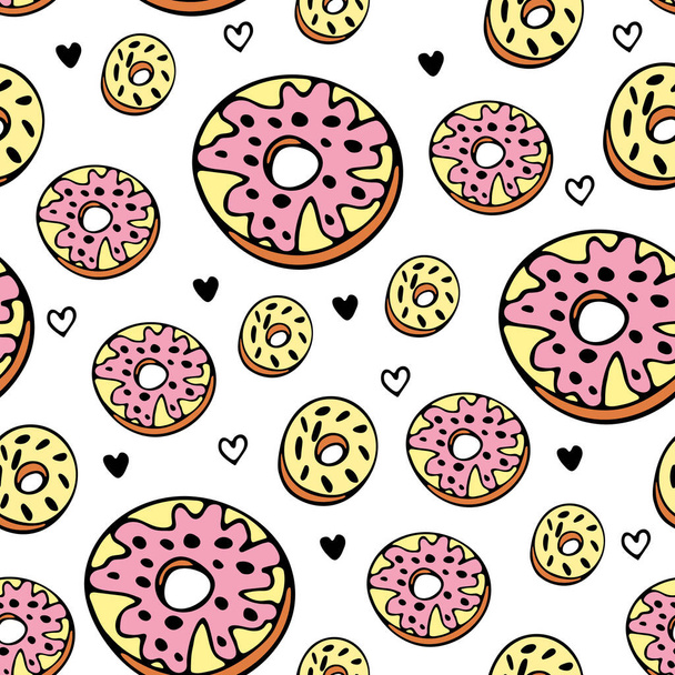 Hermoso patrón de rosquillas sobre un fondo blanco. Deliciosos donuts multicolores dibujados a mano. Ilustración vectorial. - Vector, imagen