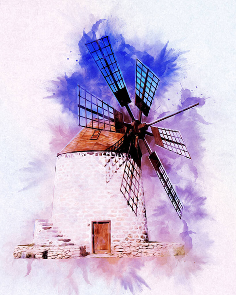 風車旧レトロヴィンテージドローイングイラストアート - 写真・画像