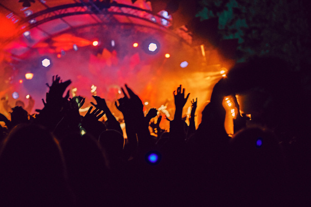 Abstraktní rozmazaná atmosféra: šťastní lidé si užívají koncert na festivalu outdoorové hudby, zvedají ruce a tleskají rozkoší, aktivní koncept nočního života, hra světla a stínu na obrovském jevišti - Fotografie, Obrázek