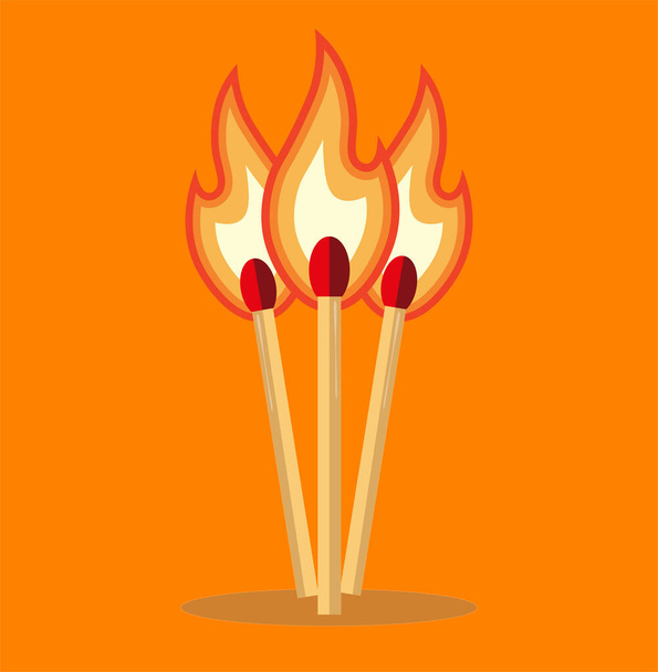 Three Lighted Matches vector illustration on an Orange background - Vector, imagen