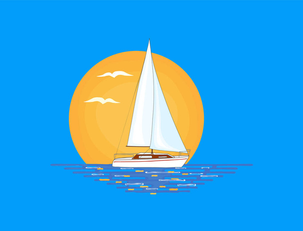 Barca a vela bianca con striscia rossa sul suo lato impostato sulla superficie dell'acqua. Sole arancione e uccelli volanti sullo sfondo. Illustrazione.  - Vettoriali, immagini