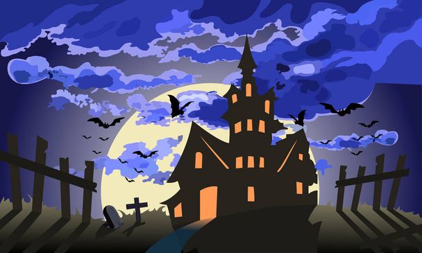 Halloween creepy dark castle, moon shines bright, flock of flying bats, old wooden fence, crosses and cemeteries. - Vector, Image
