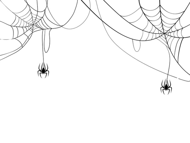 Araña negra y tela de araña. Espeluznante tela de araña del símbolo de Halloween. Aislado sobre fondo blanco. ilustración vectorial eps - Vector, imagen