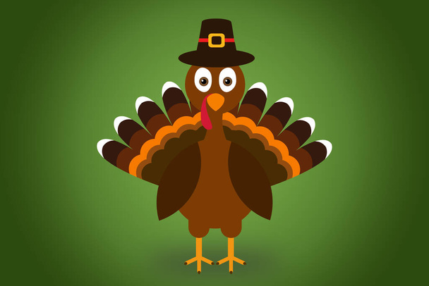 Netter Cartoon Turkey Pilger mit Hut auf grünem Hintergrund Thanksgiving Poster. - Foto, Bild