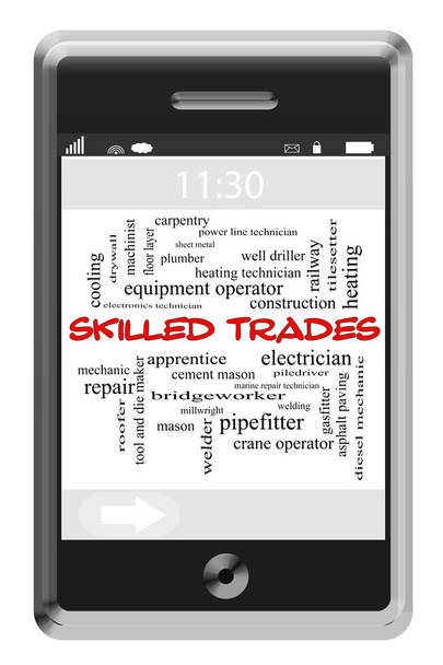 Conceito de nuvem de palavras de comércios qualificados no telefone Touchscreen
 - Foto, Imagem