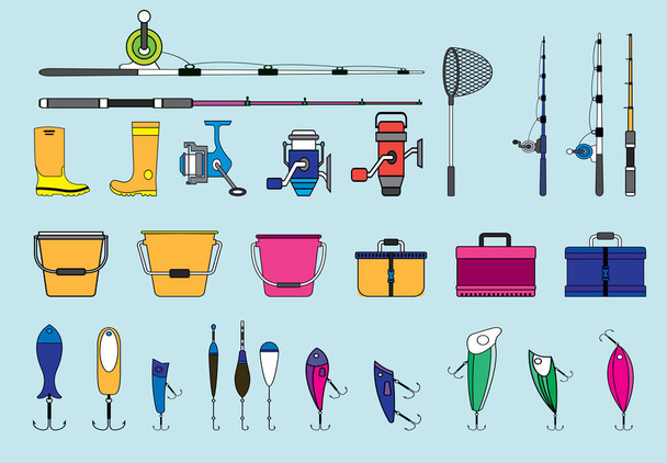 conjunto de elemento de pesca. señuelo, red de peces y más plantilla de diseño icono de dibujos animados con varios modelos. ilustración vectorial aislada sobre fondo azul - Vector, Imagen