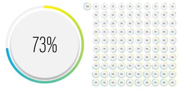 Set of circle percentage diagrams meters from 0 to 100 ready-to-use for web design, user interface UI or infographic with 3D concept - indicator with gradient from yellow to cyan blue - Vector, Image