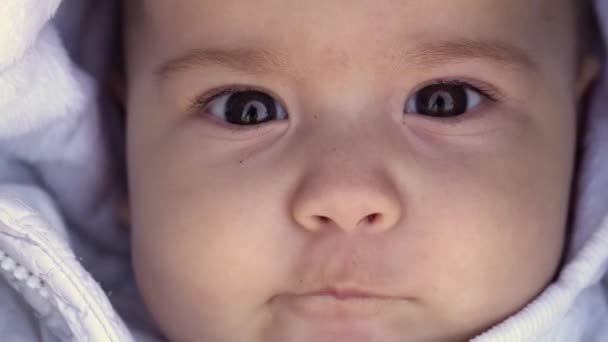 Bebek, çocukluk, duygu konsepti. Kahverengi gözlü, tombul, yeni doğmuş, uyanık, dişsiz bir bebeğin sevimli gülümseyen yüzüne yakın plan. Altı aylık bebek, bebek arabasında beyaz ceketli, ağzı sulanmış dudaklarıyla kameraya bakıyor. - Video, Çekim