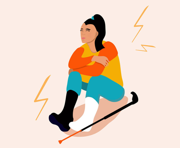 Temporarily disabled sad girl with broken leg with bandage is sitting.Crutches are around. Unhappy injured young woman. Ankle bone fracture or sprain with gypsum.Vector illustration in trendy colors - Vektori, kuva