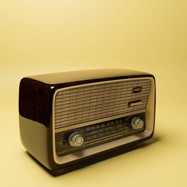 Sarı arkaplanda izole edilmiş eski radyo 3D illüstrasyon  - Fotoğraf, Görsel